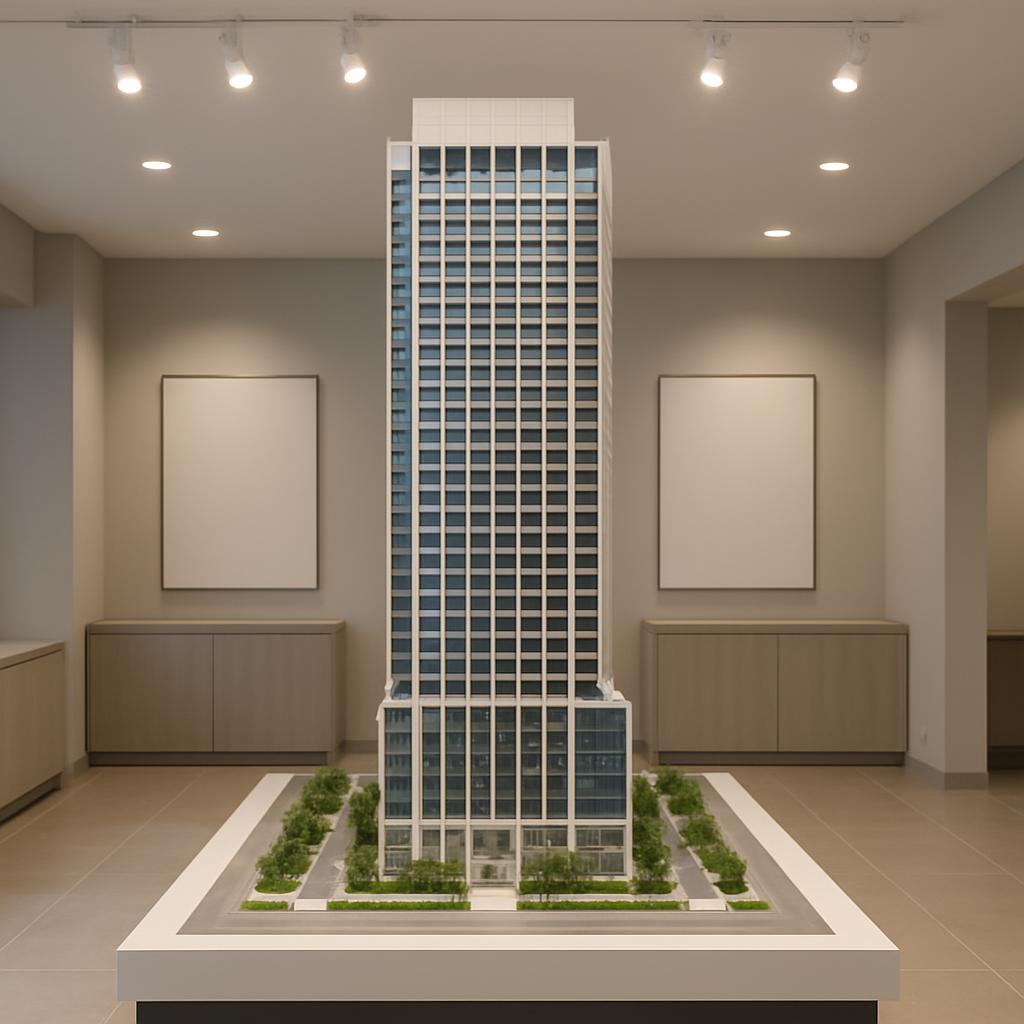 A photograph of a tall, white and glass building on a model, displayed in a business setting.
