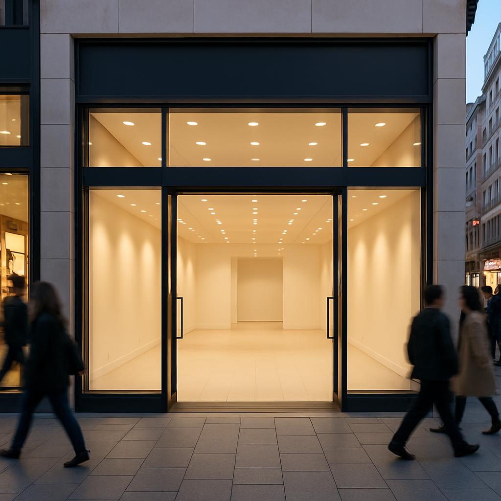 An empty storefront with large windows and doors, featuring a tiled floor and several people walking by; the background is...